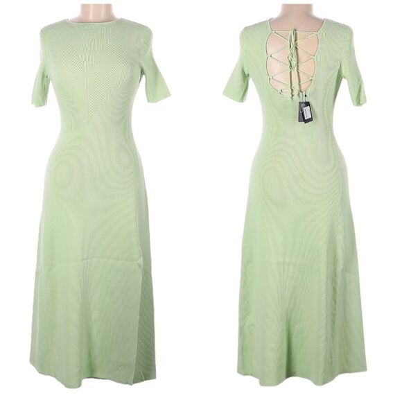 NWT Maje Green A Line High Side Slit Modest Exposed Back Minimalist Midi Dress NWT Maje Green A Line High Side Slit Modest Exposed Back Minimalist Midi Dress
